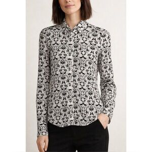 H&M | 100% Silk Printed Button Down Blouse in Ivory/Black, Size 6